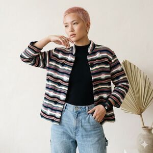 Andria Lieu Multicolor Textured Knit Cardigan Jacket L Funky Stripe Art Teacher
